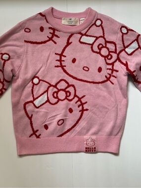 H&M Hello Kitty Sanrio Pink Knit Sweater Girls Size 12/14 Holiday Crewneck